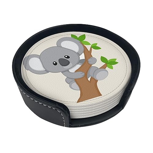 Hugging Tree Koala-Untersetzer für Getränke, 6 Stück Leder-Untersetzer mit Halter, rundes Tassenmatten-Set für Zuhause und Küche, 9,9 cm Hugging Tree Koala-Untersetzer für Getränke, 6 Stück Leder-Untersetzer mit Halter, rundes Tassenmatten-Set für Zuhause und Küche, 9,9 cm von Faduni
