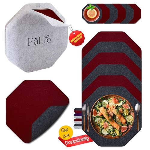 12er Premium Platzsets aus Filz - Achteckig Zweifarbig - Tischset mit Aufbewahrungstasche Helgrau - 4mm Filzuntersetzer Platzdeckchen-Untersetzer Teller-Glas Untersetzer-Set (Dunkelgrau/Weinrot) von Fältro