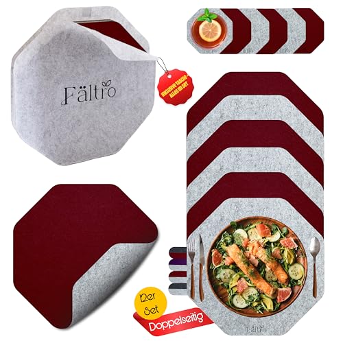 12er Premium Platzsets aus Filz - Achteckig Zweifarbig - Tischset mit Aufbewahrungstasche Helgrau - 4mm Filzuntersetzer Platzdeckchen-Untersetzer Teller-Glas Untersetzer-Set (Hellgrau/Weinrot) von Fältro