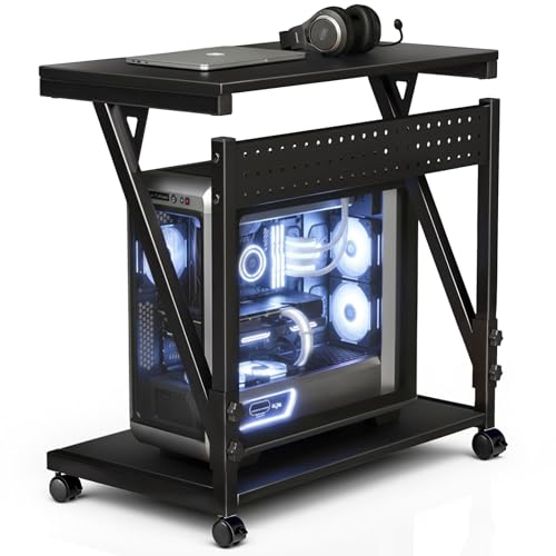 Computer-Towerwagen, höhenverstellbarer PC-Tower-Ständer, mobiler rollender PC-Wagen, 2-stöckiges ATX-Gehäuse, CPU-Halterung, PC-Ständer mit Rädern, 59-79 cm H, Schwarz Standard von Faesun