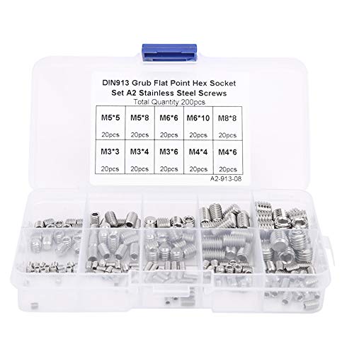 200 Stück Madenschrauben Sortiment Set M3/M4/M5/M6/M8 Edelstahl Flachkopf Innensechskant Madenschraube Innensechskantschrauben mit Aufbewahrungsbox von Fafeicy