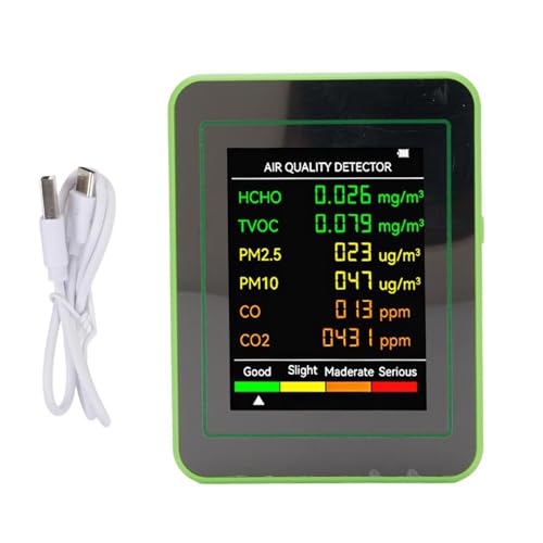 Fafeicy LCD Display Air Detector, Luftqualitätsmonitor CO2 TVOC HCHO PM2.5 PM10 Tester mit Farbbildschirm und Wiederaufladbarem für Heimbüroreisen (Weiß und Grün) von Fafeicy