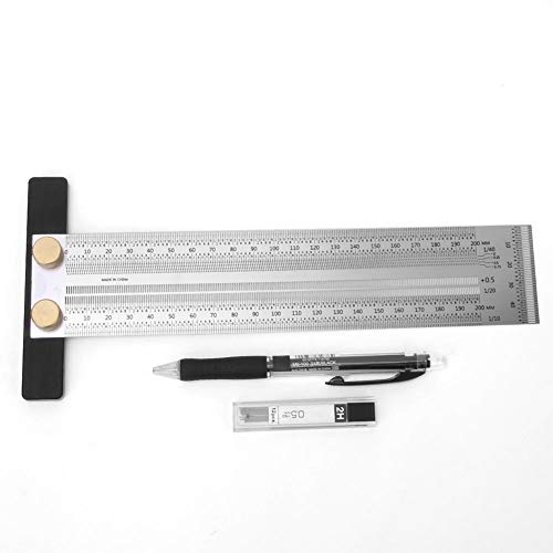 Fafeicy 0-200mm Schreiblineal, T-Loch-Lineal aus rostfreiem Stahl Scribing Gauge Holzbearbeitungs-Markierungswerkzeug mit automatischem Bleistift, 0,5 mm Bleistiftdurchmesser (0-200mm) von Fafeicy