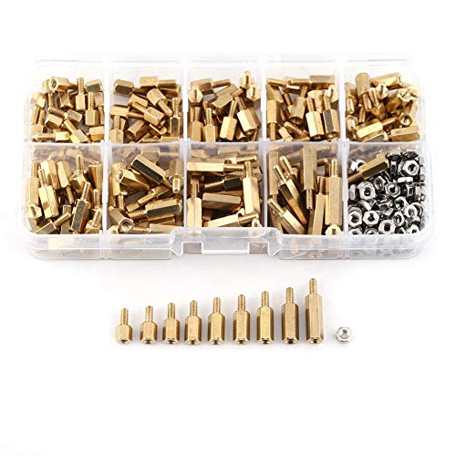 M2.5 Abstandshalter, 360 Teile/Satz M2.5 Messing Stecker-Buchse Abstandshalter + Edelstahl-Sechskantmuttern-Set Sortiment mit Kunststoffbox, Muttern- und Schraubensortiment-Sets von Fafeicy