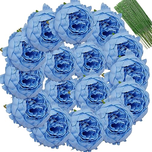 FagusHome 25 Stück Künstliche Pfingstrose Blumen Köpfe 10CM Seide Künstliche Blumen mit Stielen Jahrgang Blumen für Dekor (Hellblau) von FagusHome