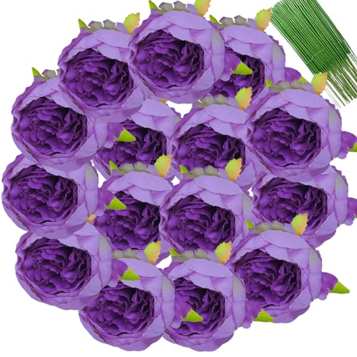 FagusHome 25 Stück Künstliche Pfingstrose Blumen Köpfe 10CM Seide Künstliche Blumen mit Stielen Jahrgang Blumen für Dekor (Lila) von FagusHome
