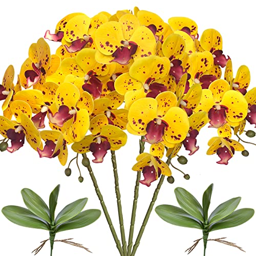 FagusHome 4 Stück künstliche Phalaenopsis Orchideen Blumen Weiß 80CM mit Künstliche Orchidee Blätter 2 Bündeln für Deko (Gelb Piebald) von FagusHome