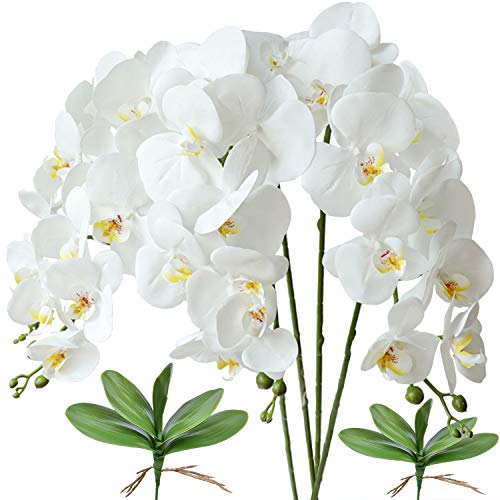 FagusHome 4 Stück künstliche Phalaenopsis Orchideen Blumen Weiß 80CM mit Künstliche Orchidee Blätter 2 Bündeln für Deko (Weiß) von FagusHome