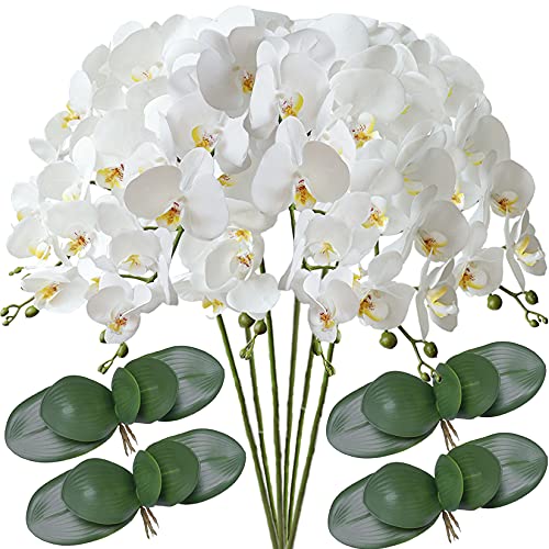 FagusHome 6 Stück Künstliche Phalaenopsis Blumen 80cm Weiß mit 4 Bündeln Künstliche Orchidee Blätter für Wohnkultur (6 Stück) von FagusHome