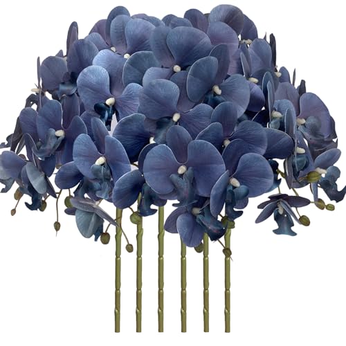 FagusHome 6 Stück Künstliche Phalaenopsis Blumen Weiß 80cm Künstliche Orchideenblumen Stammpflanzen für Wohnkultur (Dunkelblau) von FagusHome
