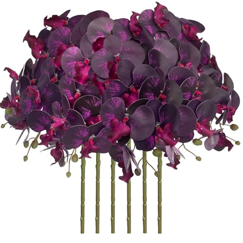 FagusHome 6 Stück Künstliche Phalaenopsis Blumen Weiß 80cm Künstliche Orchideenblumen Stammpflanzen für Wohnkultur (Dunkelviolett) von FagusHome