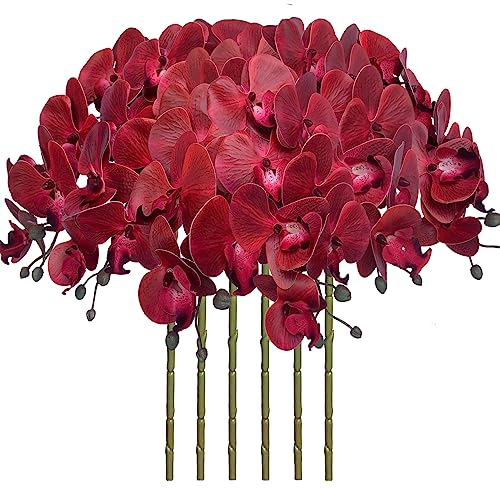 FagusHome 6 Stück Künstliche Phalaenopsis Blumen Weiß 80cm Künstliche Orchideenblumen Stammpflanzen für Wohnkultur (Rot) von FagusHome