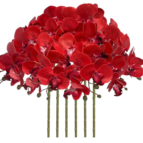 FagusHome 6 Stück Künstliche Phalaenopsis Blumen Weiß 80cm Künstliche Orchideenblumen Stammpflanzen für Wohnkultur (Roter Piebald) von FagusHome