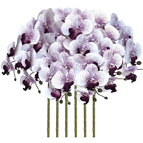 FagusHome 6 Stück Künstliche Phalaenopsis Blumen Weiß 80cm Künstliche Orchideenblumen Stammpflanzen für Wohnkultur (Violett Core) von FagusHome