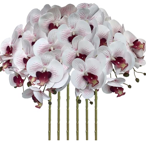 FagusHome 6 Stück Künstliche Phalaenopsis Blumen Weiß 80cm Künstliche Orchideenblumen Stammpflanzen für Wohnkultur (Weiß und lila Linie) von FagusHome
