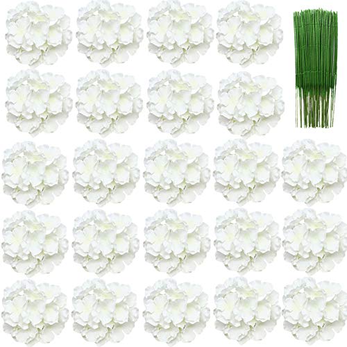 FagusHome 8 Zoll Big Silk Hydrangea Köpfe 24 Stück Künstliche Blumen Köpfe mit Stielen Gefälschte Hortensien Blumen in Weiß für Dekor (24 Pcs) von FagusHome