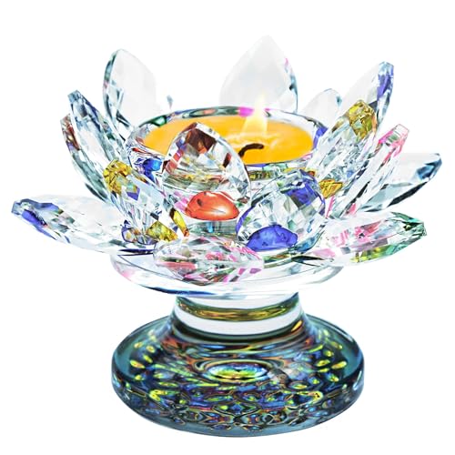 Fahibin Bunter Kristall Lotus,Bunter Kristall Lotus Flower Teelicht Kerzenhalter, Regenbogen Farbe Glas Kerzenhalter für Tischdekorationen, Wohnkultur und Meditationsecken von Fahibin