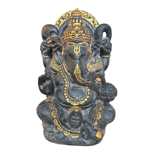 FaHome Ganesha Skulptur - Deko Garten Statue - Hindu Gottheit des Glückes - Betonguss Elefant Schwarz Gold - 80x50x41 cm von FaHome