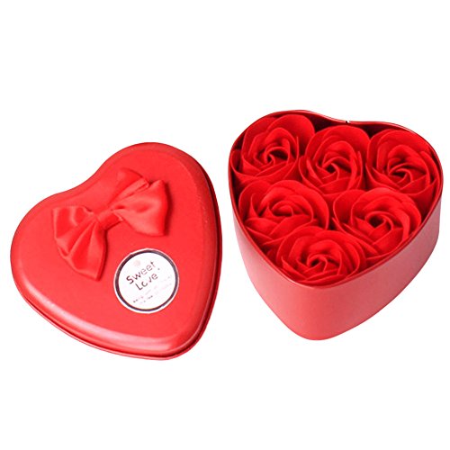 Fahooj 6pcs Rose Soap Blumen in Geschenk-Box,Herzförmige Eisenkiste Rose Blütenblatt Bad Körper Seife,Hochzeit Party Geschenk duftende Dekor für Valentinstag Muttertag Jahrestag(Einheitsgröße,Rot) von Fahooj