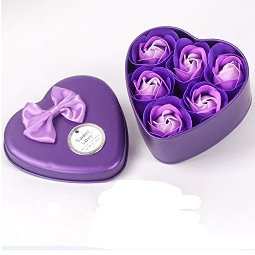 Fahooj 6pcs Rose Soap Blumen in Geschenk-Box,Herzförmige Eisenkiste Rose Blütenblatt Bad Körper Seife,Hochzeit Party Geschenk duftende Dekor für Valentinstag Muttertag Jahrestag(Einheitsgröße,Lila) von Fahooj