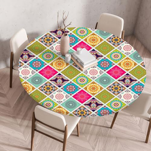 Boho Tischdecke Rund, Outdoor Tischdecke Abwaschbar Rund, Elastisch Gartentischdecke Wetterfest Tablecloth mit Gummizug für Balkon, Garten (Style 5,130cm) von FahrtSeek