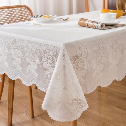 Weiß Spitze Tischdecke, Outdoor Gartentischdecke Wetterfest, PVC Plastiktischdecke Wachstuchtischdecke Wasserabweisend für Esszimmer, Balkon, Garten (137X180cm) von FahrtSeek