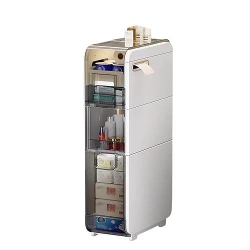 Failjierue Schmaler, freistehender Badezimmerschrank mit durchsichtigen Schubladen und Rollen – platzsparender Eck-Organizer for Handtücher und Toilettenpapier(3-Tiers) von Failjierue