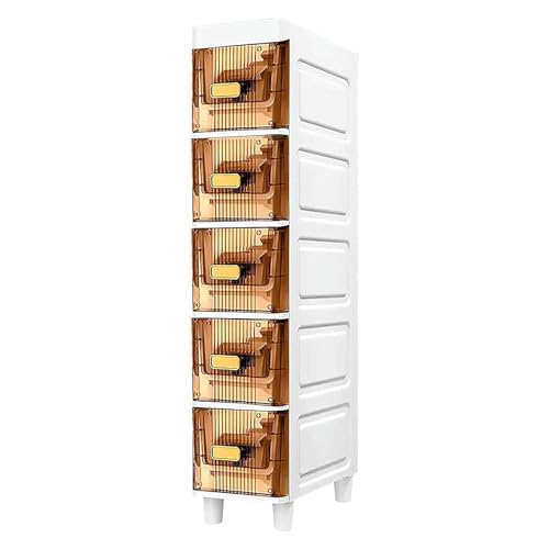 Failjierue Schmaler Lagerschrank mit Rädern – Hoher, wasserdichter Badezimmer-Organizer, Toilettenpapierhalter und durchsichtige Schubladen for kleine Räume(Brown,5-Tiers) von Failjierue