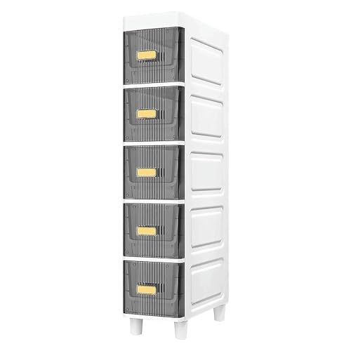 Failjierue Schmaler Lagerschrank mit Rädern – Hoher, wasserdichter Badezimmer-Organizer, Toilettenpapierhalter und durchsichtige Schubladen for kleine Räume(Gray,5-Tiers) von Failjierue
