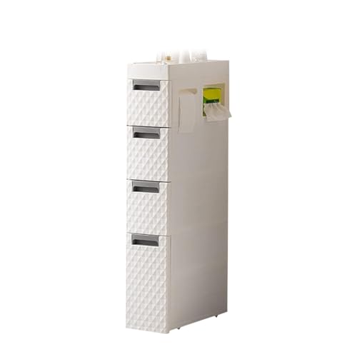 Failjierue Schmaler hoher Badezimmer Unterschrank mit 2/3/4 Schubladen und Eckregalen Weißer Aufbewahrungs Organizer mit Rollen for kleine Räume Toilettenpapier Handtuch und Bad-Organizer(4-Tiers) von Failjierue