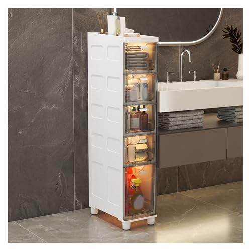 Schmaler Badezimmer-Aufbewahrungsschrank mit großem Fassungsvermögen, hoher, schmaler Unterschrank mit durchsichtigen Kunststoffschubladen und -Rollen, Toilettenpapier-Organizer(Gray,5-Tiers) von Failjierue