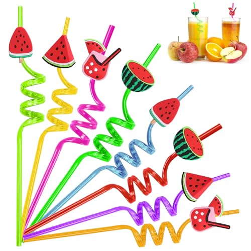 FainFun Strohhalm Bunt Plastik Wiederverwendbar, 8 Lustige Strohhalme Kinder Sommer, Party Trinkhalme, Lockige Strohhalme für Partys(Wassermelone) von FainFun
