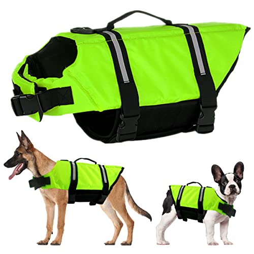 Schwimmweste Hund, FainFun Schwimmweste Hund für Klein und Groß Hunde Ripstop und Reflektierende, Verstellbare Größe mit Starkem Auftrieb und Schwimmen Rettungsgriff (Grün, L) von FainFun