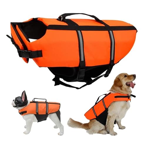 Schwimmweste Hund, FainFun Schwimmweste Hund Orange, für Klein und Groß Hunde Ripstop und Reflektierende, Verstellbare Größe mit Starkem Auftrieb und Schwimmen Rettungsgriff(M, Orange) von FainFun