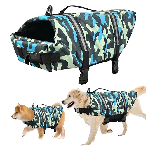 Schwimmweste Hund, FainFun Schwimmweste Hund Orange, für Klein und Groß Hunde Ripstop und Reflektierende, Verstellbare Größe mit Starkem Auftrieb und Schwimmen Rettungsgriff (BlaueCamouflage, L) von FainFun
