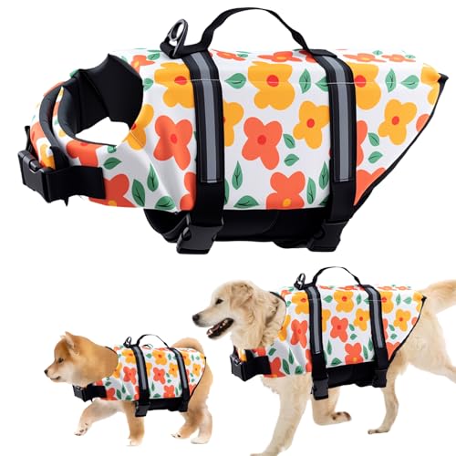 Schwimmweste Hund, FainFun Schwimmweste Hund Orange, für Klein und Groß Hunde Ripstop und Reflektierende, Verstellbare Größe mit Starkem Auftrieb und Schwimmen Rettungsgriff (Blume, M) von FainFun