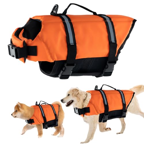 Schwimmweste Hund, FainFun Schwimmweste Hund Orange, für Klein und Groß Hunde Ripstop und Reflektierende, Verstellbare Größe mit Starkem Auftrieb und Schwimmen Rettungsgriff (Orange, S) von FainFun