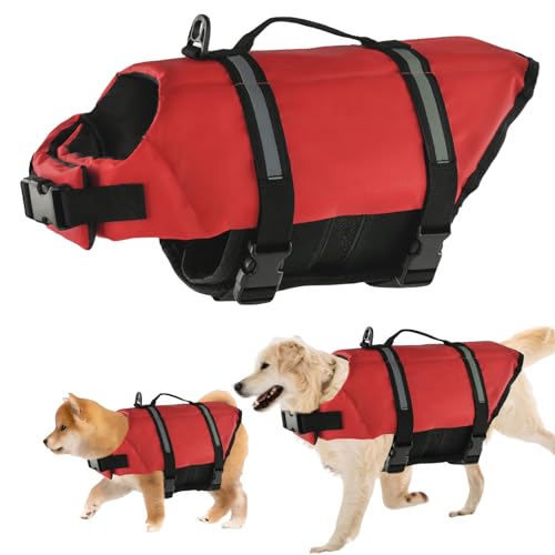 Schwimmweste Hund, FainFun Schwimmweste Hund Orange, für Klein und Groß Hunde Ripstop und Reflektierende, Verstellbare Größe mit Starkem Auftrieb und Schwimmen Rettungsgriff (Rot, L) von FainFun