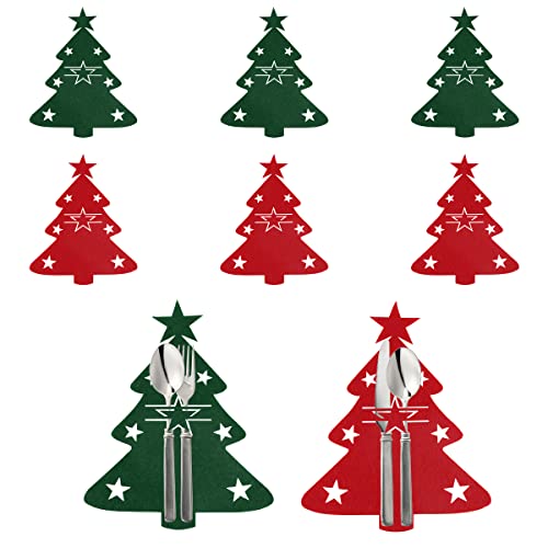 FainFun Weihnachtsbaum Bestecktasche, 8 Stücke Besteckhalter Filz Weihnachten, Bestecktasche Filz Weihnachten, Besteckbeutel Weihnachten, Rot und Grün, Für Weihnachtsfeiern, Festliche Abendessen von FainFun