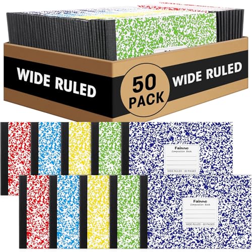Fainne 50 Pack Composition Notebooks Bulk Wide Ruled Half Size Composition Notebooks 5 x 7.5 Marble Cover Note Books 80 Pages Small Journal 11/32" Spacing for Primary School Supplies(Multicolor) von Fainne
