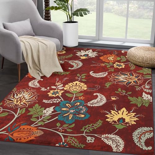 FairOnly Moderner Teppich mit Blumenmuster für Schlafzimmer, Wohnzimmer, Eingangsbereich, rutschfest, maschinenwaschbar, Bodenteppich für Heimdekoration, Rot, 1,5 x 2,1 m von FairOnly