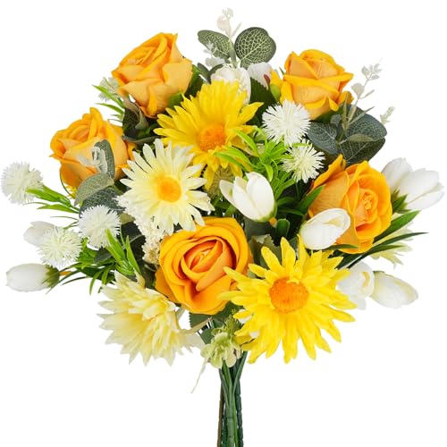 Fairblo Blumenstrauß Künstlich Kunstblumenstrauß Artificial Blumen Gelbe Rosen Gelbe Chrysantheme Weiße Tulpen Weißer Löwenzahn Blumenstrauß für Heimdekoration Tischdeko Hochzeit von Fairblo