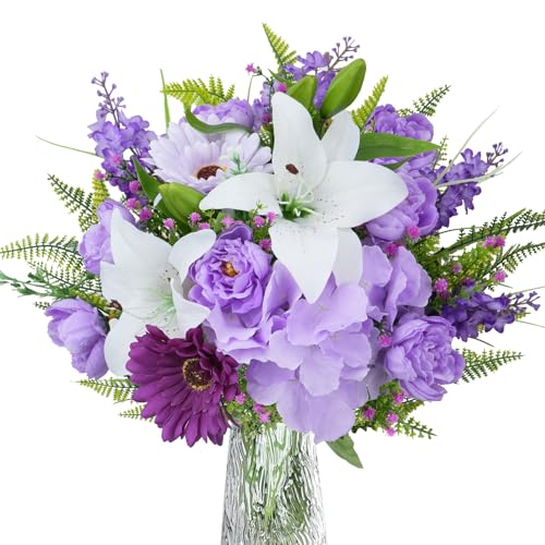 Fairblo Künstliche Blume Lila Blumenstrauß Kunstblumen Pfingstrose Lilie Hyazinthe Schleierkraut mit Künstliche Grünpflanzen Blumenarrangements Deko für Vase Zuhause Hochzeit Tischdeko von Fairblo