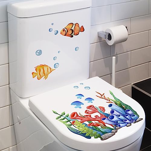 Fairnull WC Aufkleber Korallenmuster WC Aufkleber Pflanzen Fisch Muster WC Aufkleber Selbstklebend WC Deckel Aufkleber für Badezimmer Dekor WC Aufkleber mit Fisch Design Blau von Fairnull