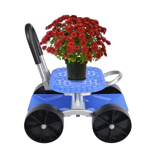 Fairnull Gartenhocker Mit Rädern, Höhenverstellbarer Rollbarer Gartensitz Mit 360° Drehfunktion – Gartenwagen Mit Sitz, Mobiler Arbeitssitz Mit Ablagefach Für Garten, Terrasse Und Yard (Blau) von Fairnull