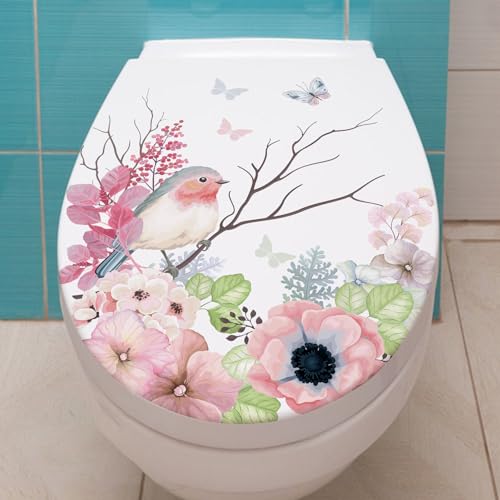 Fairnull Toilettenaufkleber Vogel Blume WC Aufkleber Toilettendeckel Aufkleber Kreative Vögel Blumen Muster Wandaufkleber für Zuhause Badezimmer Vogel + Blume von Fairnull