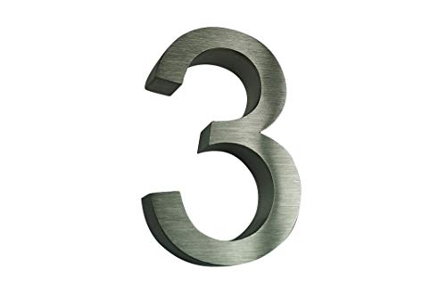 Hausnummer 3 Edelstahl 3D rostfrei witterungsbeständig filigrane Schriftart Arial 16cm Höhe und 3cm Tiefe aus gebürstetem Edelstahl V2A ALLE erhältlich 0 1 2 3 4 5 6 7 8 9 von Fairpreis-Design
