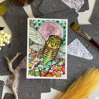 Cicada Unter Bunten Blättern Und Einem Erdbeer Vollmond Aquarell Kunstdruck. Insekten Kunstdruck, Käfer Wandkunst Dekor, Liebhaber Geschenk von FairyFunctional