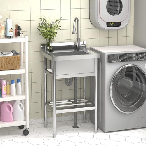 Ultra-Robuster Spültisch aus Edelstahl,48" Großes Einzelbecken mit Brause & Kalt Warmwasseranschluss, Frei stehender Waschtisch für Profibereich (61 * 51 * 105cm) von FairyLee