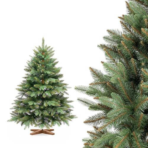 FAIRYTREES Weihnachtsbaum künstlich, Nordmanntanne Premium 120 cm, Naturgetreue Spritzguss Elemente, Künstlicher Weihnachtsbaum mit handgefertigtem Ständer aus Eschenholz von FairyTrees